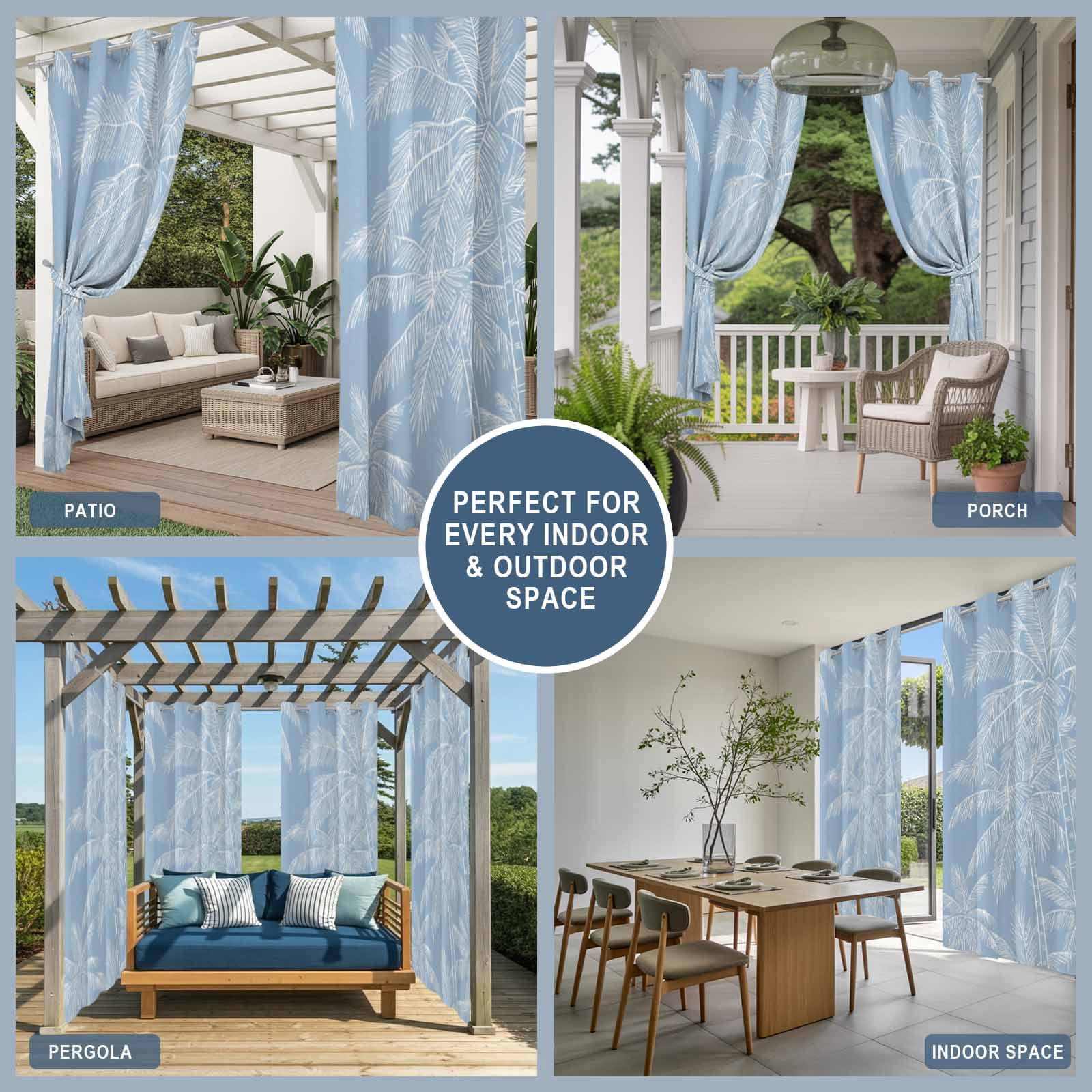 Summer Beach Outdoor Curtains for Patio, Graffiti White Palm Trees Abstract Plant Blue Coastal Sunshade Privacy Drapes Grommet Waterproof Outside Curtains for Porch/Cabana/Balcony 54"x 108", 1 Panel