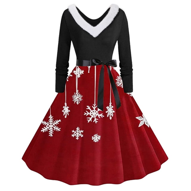 TIMIFIS Robes de Noël pour Femmes, Robes Maxi pour Femmes Robe Vintage de Vacances Manches Longues Col en V en Fourrure Robe Dos Nu