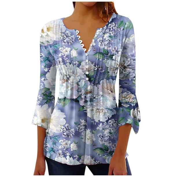 Camisetas de Cuello en V Mujeres, Impreso 3/4 Manga Blusa Casual Hecha de Cómodo Estante de Imitación para Toda la Temporada de Uso Diario, Camisetas Casuales de Mujer