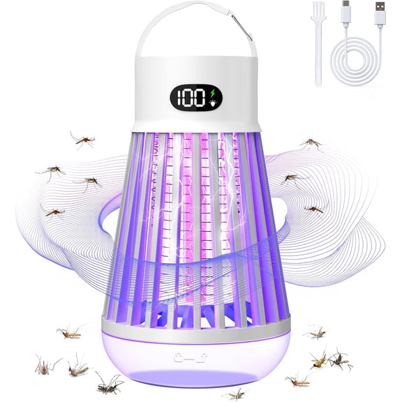 Bug Zapper Indoor Outdoor, 2000V Electric Mosquito Zapper, Fly Traps, Rechargeable Portable Mosquitoes Kiler Flying Insect Zapper with LED Light for Home Garden Backyard Patio Camping, White