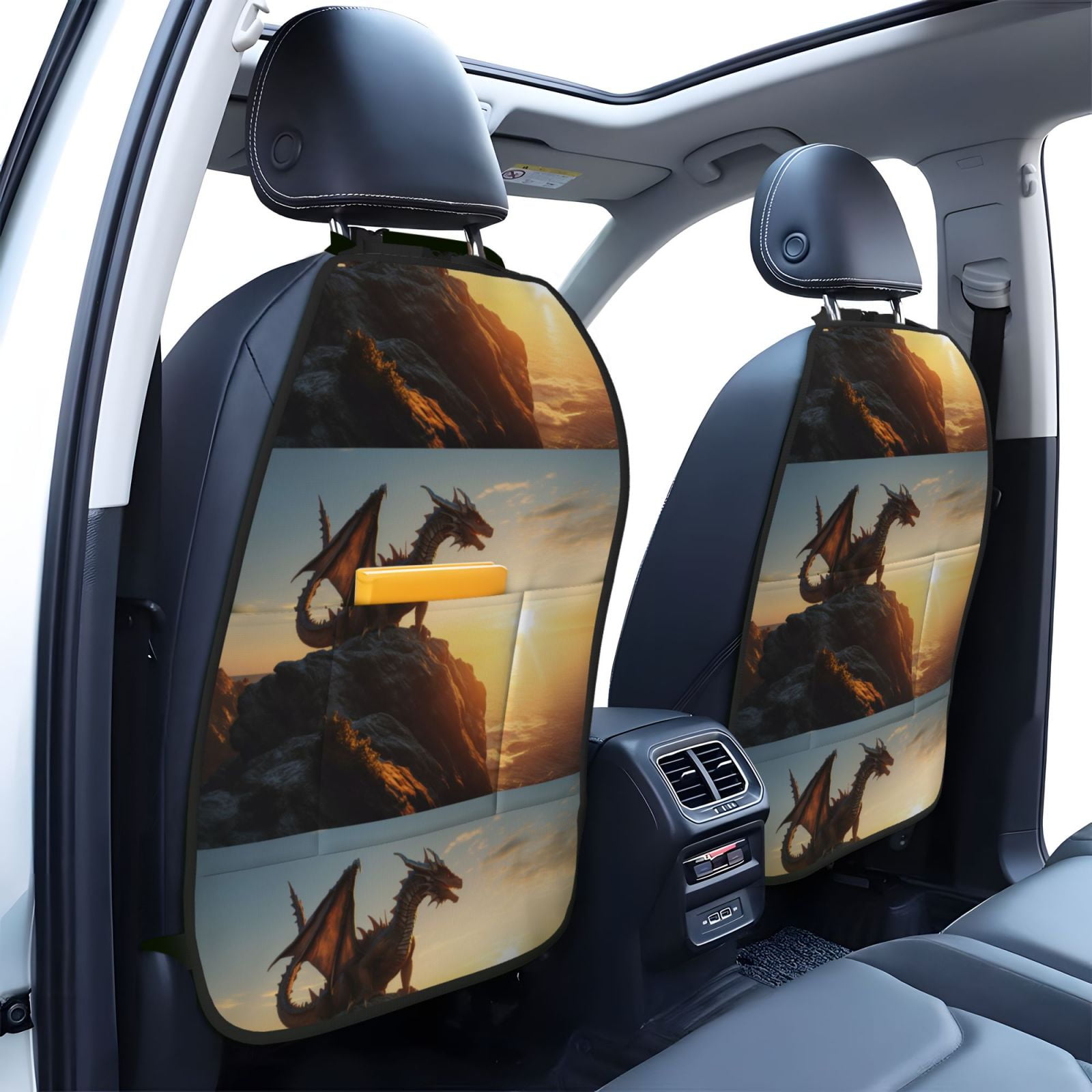 Xecao Seaside Sunset Cool Dragon Pattern Car Seat Back Protector 2 Pack Large Capacity Pocket, Kick Mats Back Seat Protector