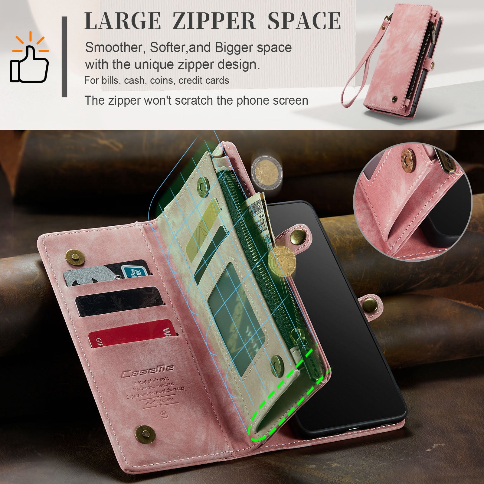 For Samsung Galaxy S10 Wallet Case,Multi-Functional Retro Leather Purse Flip Cover Zipper Wallet Case with Removable Card Slots Pocket & Detachable Wrist Strap Magnetic Phone Case, Pink