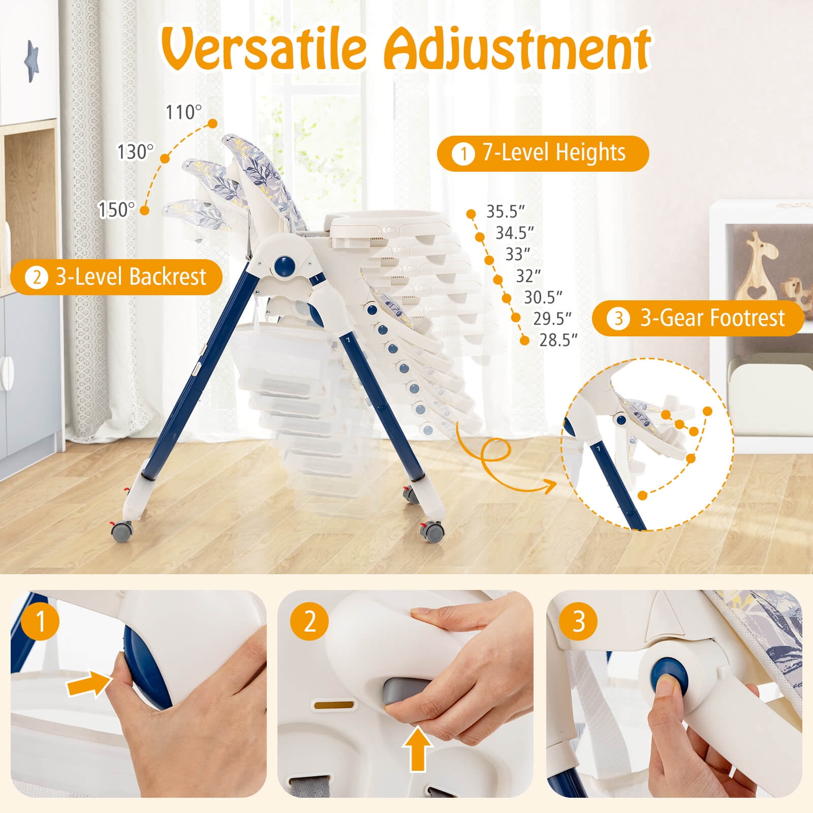 Infans High Chair for Babies & Toddlers w/ Rolling Wheels Adjustable Height Footrest