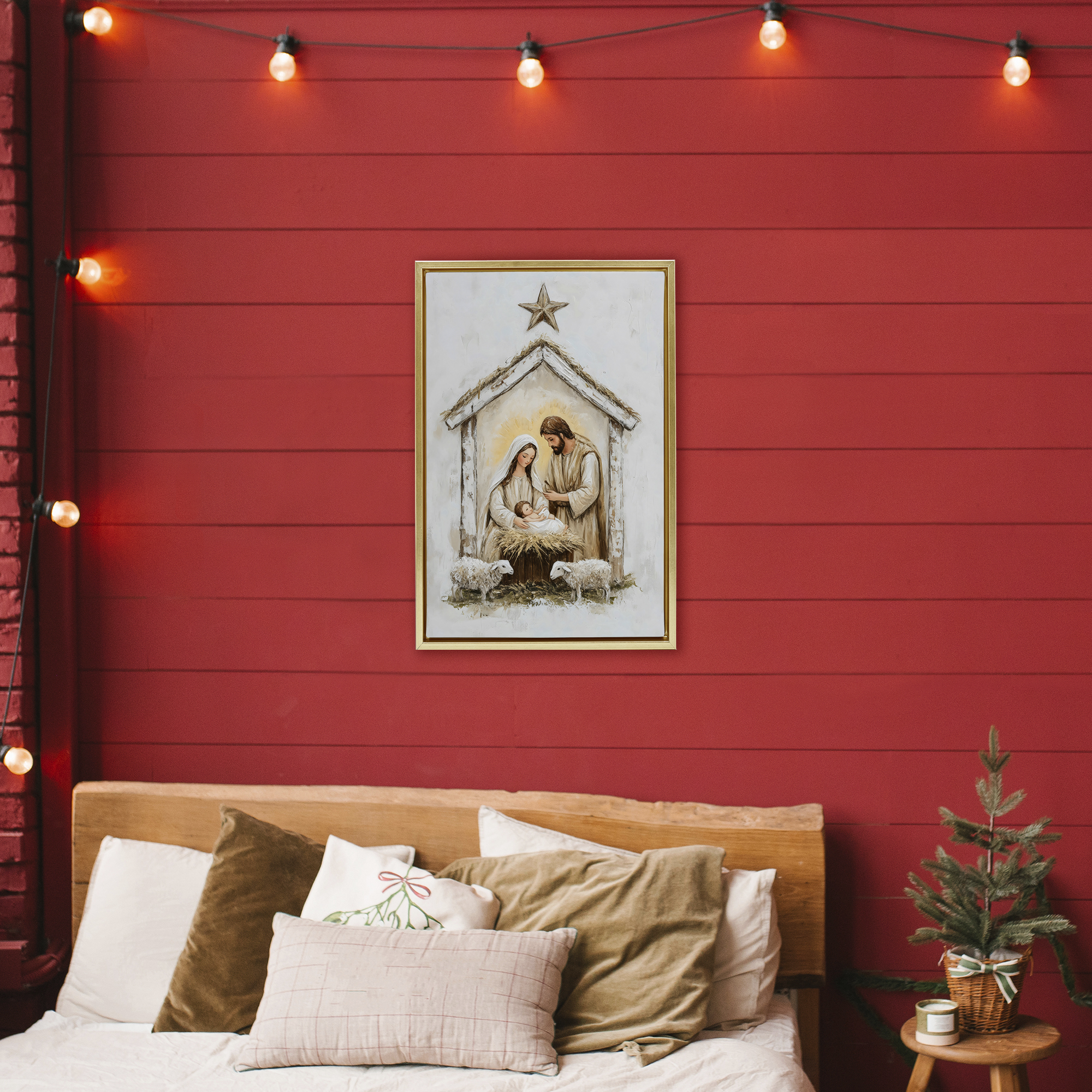 Little Lambs & Nativity Gold Framed Floater Canvas Wall Art, design by Petal Prints Design