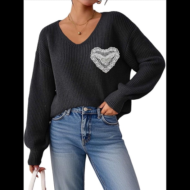 Suéteres para Mujer, Jersey de Punto con Estampado de Corazón y Mangas Farol, Bordado con Encaje y Patchwork. Negro XL