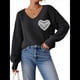 thumbnail image 1 of Suéteres para Mujer, Jersey de Punto con Estampado de Corazón y Mangas Farol, Bordado con Encaje y Patchwork. Negro XL, 1 of 8