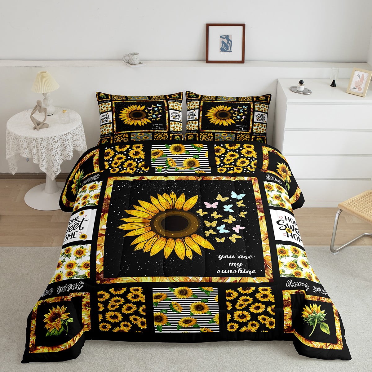 Manfei Rustic Sunflower Bedding Sets Twin with Comforter, Black Yellow Comforter Sets Twin Size, Floral Patchwork Reversible Down Comforter, Microfiber Room Decor, 2 Pieces