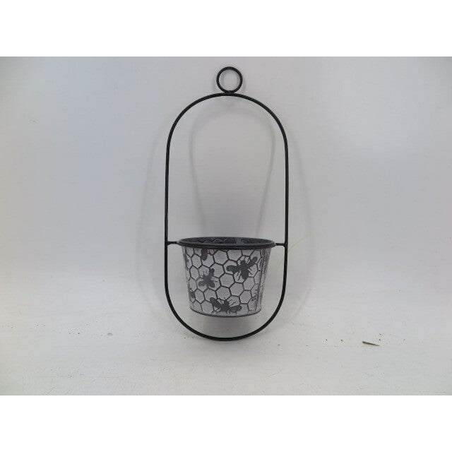 Black With White Washed Silver Pot With Bee And Honeycomb Pattern Wall Planter