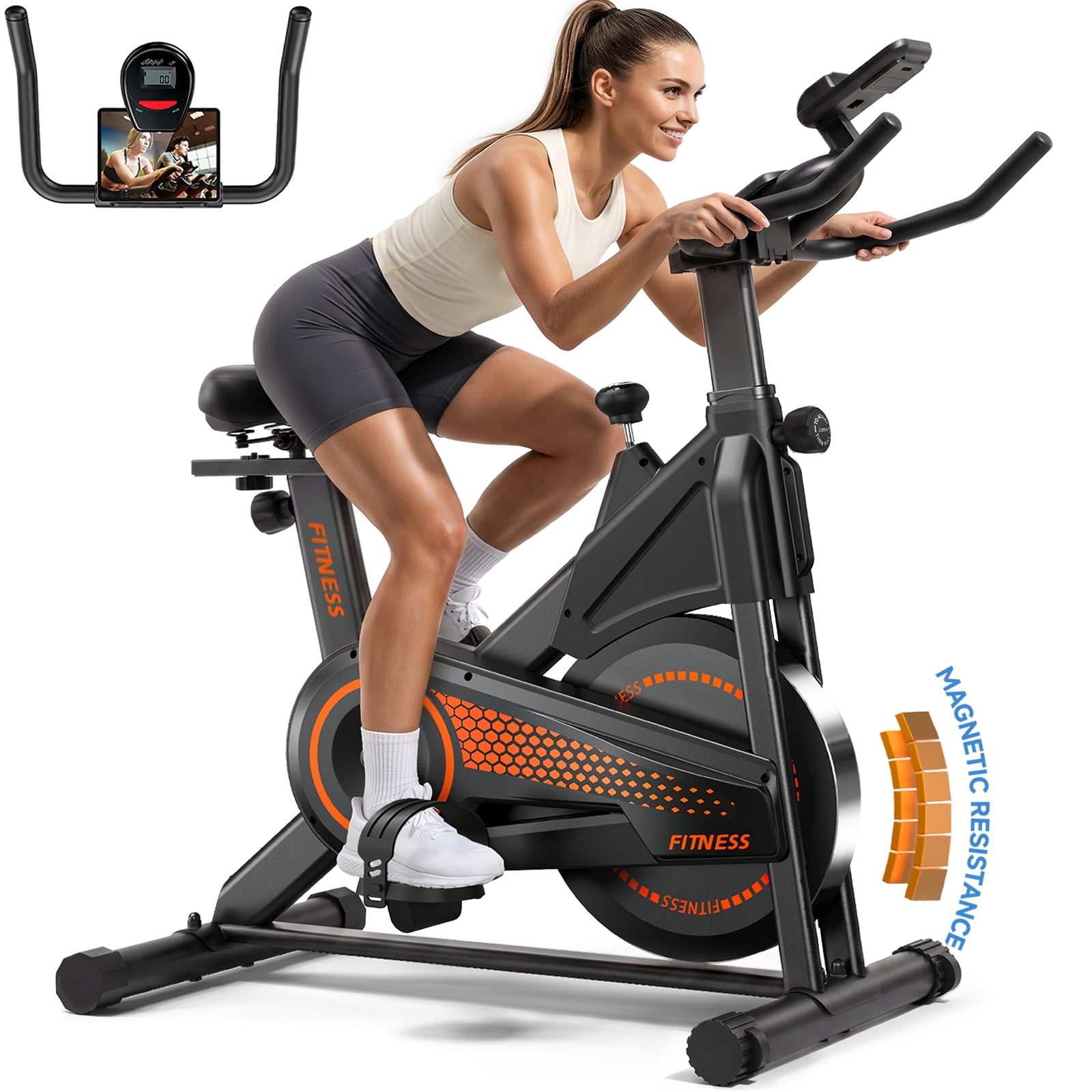 Patbrela Magnetic Exercise Bike, Indoor Stationary Bike, 100 Levels Adjustable Resistance, Cycling Bike for Home Gym Workout Equipment, Black & Orange
