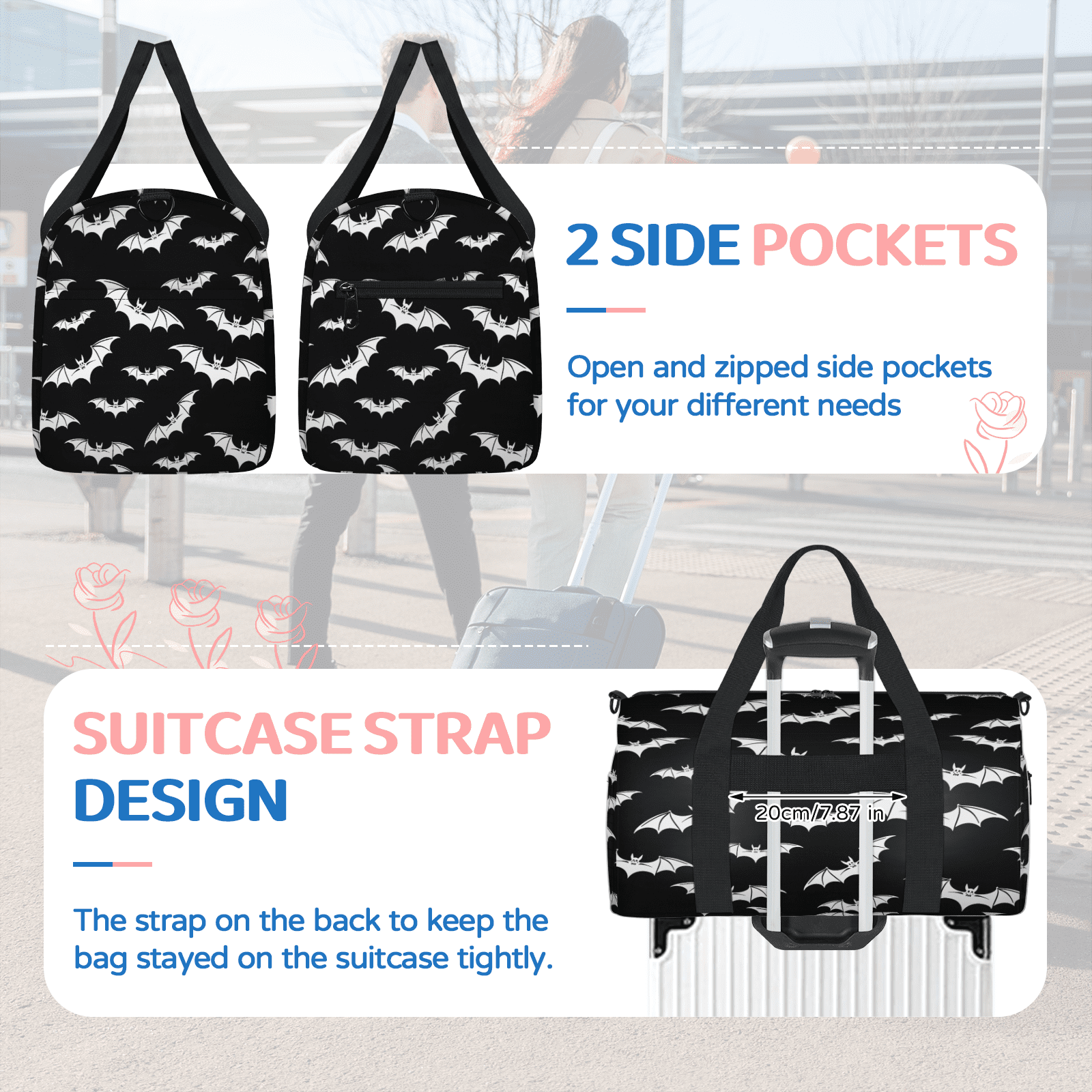Herdesigns Bats Travel Duffle Bag Sports Yoga Weekender Overnight Carry on Workout Bags Lightweight Waterproof Gym Tote Bag for Women Halloween