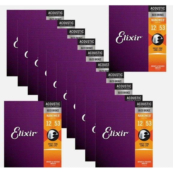 Elixir 11052 Nanoweb 80/20 Bronze Light Acoustic Guitar Strings 12-53 (12-Pack)