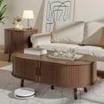 thumbnail image 3 of Alohappy Oval Coffee Table, Mid Century Modern Coffee Table with Sliding Tambour Door, Fluted Center Table with Hidden Storage, Curved Profile Dining Table for Living Room, Home Office,Walnut, 3 of 9
