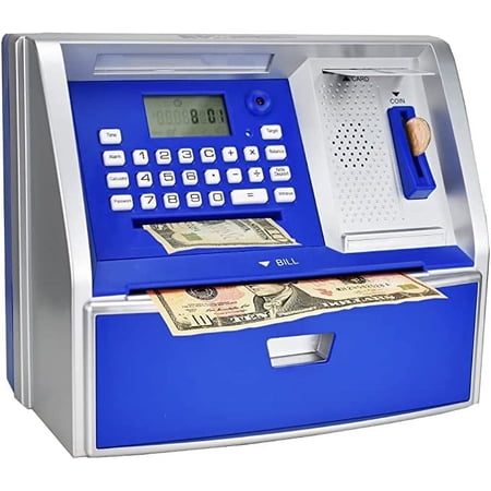 Talking ATM Savings Bank, Digital Piggy Bank, ATM Money Coins Machine for Kids Birthday Gift (Blue/Silver)