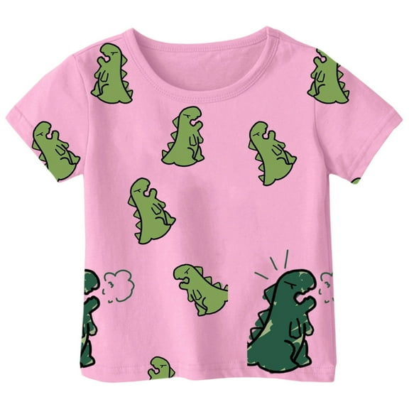 Tisuna Tees For Girls Child Cute Dinosaur Print Short Sleeve Crew Neck Shirts Fashion Loose Little Kids Summer Pullover Tops Pink Size 1-2 Years