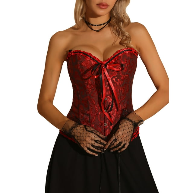 INSPIRE CHIC Corset à Lacets pour Femme Bustier Sans Bretelles Victorien à Baleines Haut Corset Noir Rouge TP