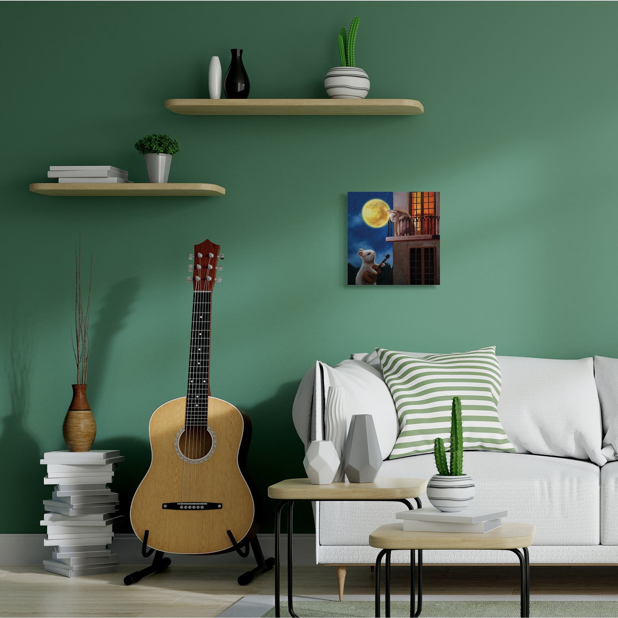 Rabbit Serenading Bunny on Balcony Night Sky Animals & Insects Gallery-Wrapped Canvas Print Wall Art, 17x17
