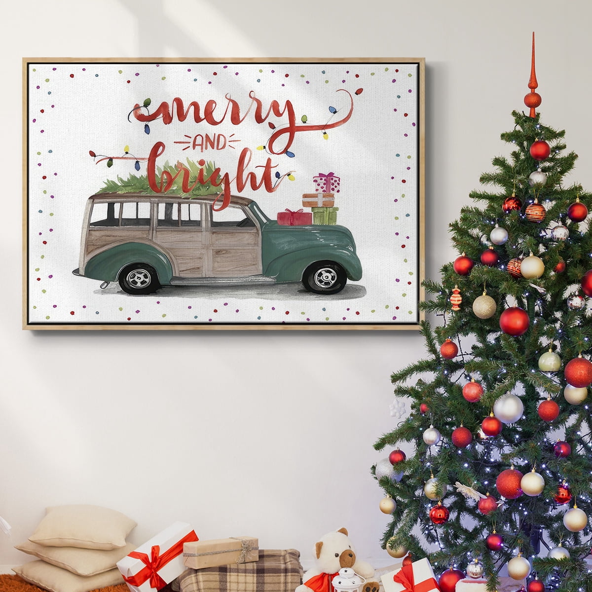 Christmas Cars Collection A - Framed Gallery Wrapped Holiday Canvas - 17 x 25 - Natural Wood Frame