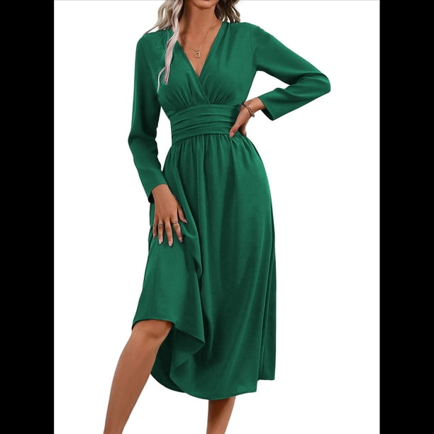 Vestido de Larga para Mujer, Elegante, con Escote en V, Holgado, para Invitadas de Boda, Fiestas, Formales, para Otoño. Verde XL