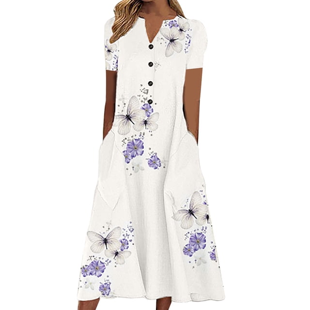 Robes Décontractées Femmes Été Bouton Col en V Manches Courtes Robe Florale Papillon avec Poches Robe Midi Ample