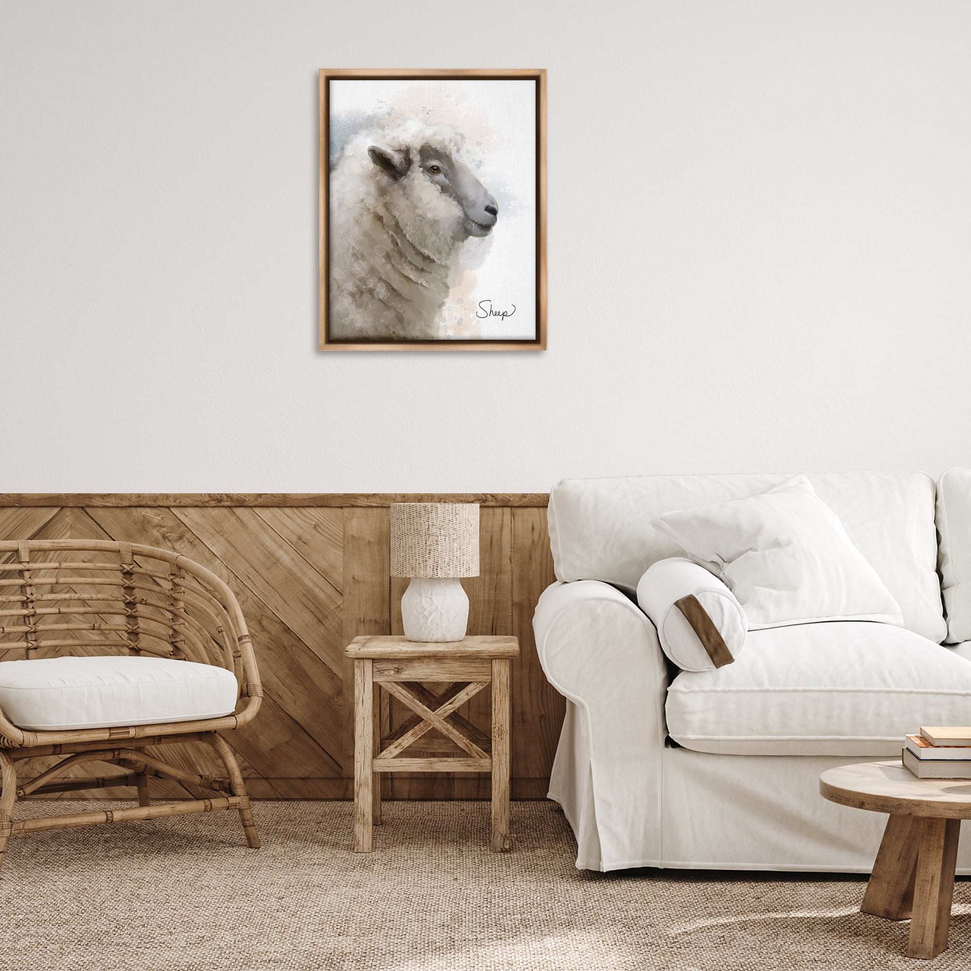 Stupell Industries Smiling Farm Sheep Animals Painting Brown Floater Framed Canvas Art Print Wall Art, 25 x 31