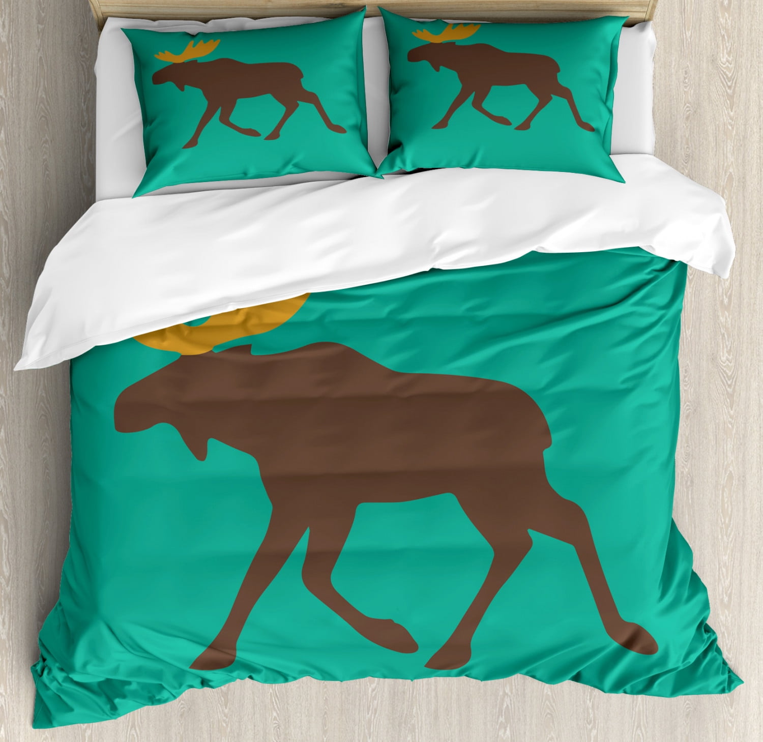 Moose Decor King Size Duvet Cover Set, Moose with Antlers Illustration