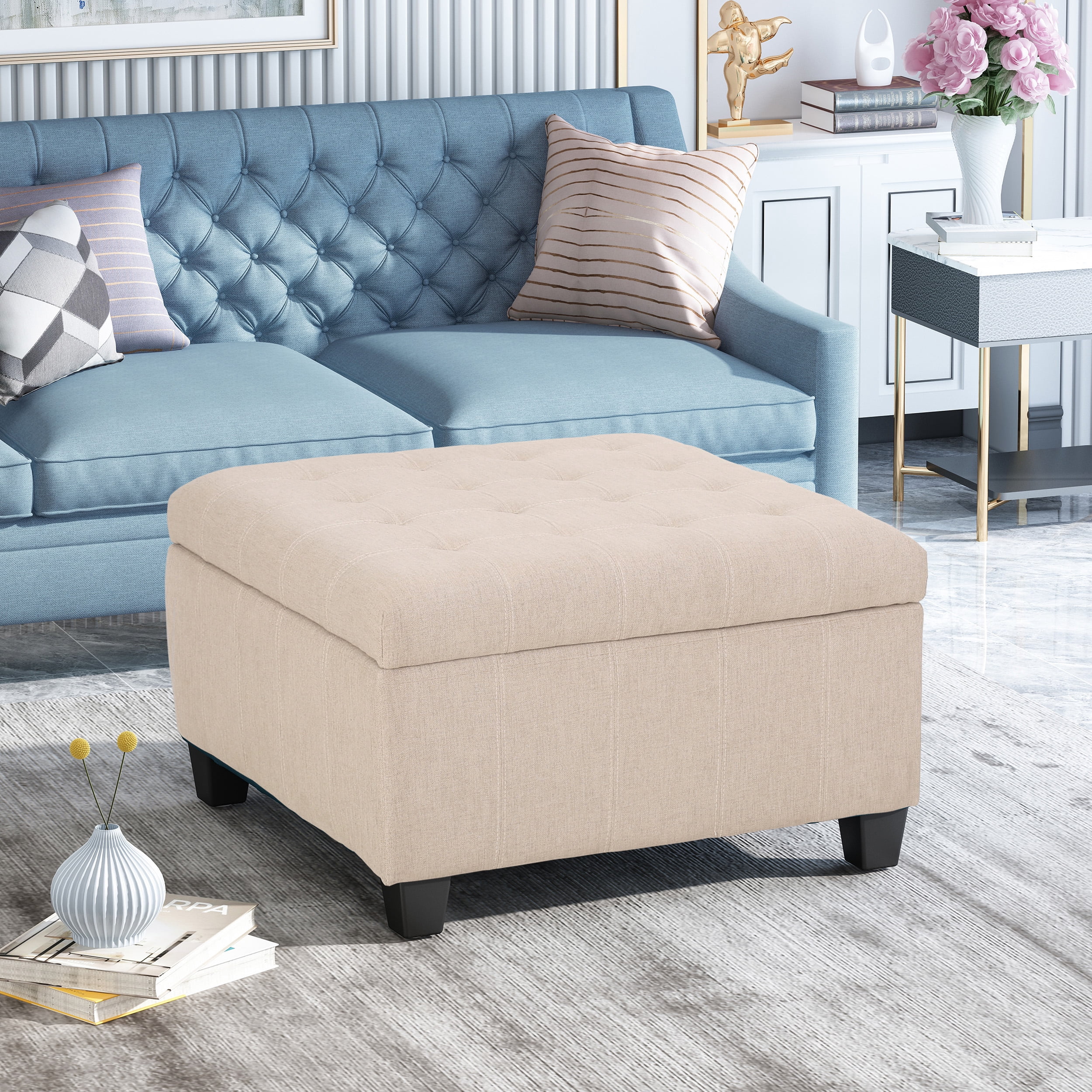 Noble House Willa Contemporary Tufted Fabric Storage Ottoman, Wheat, Dark Brown