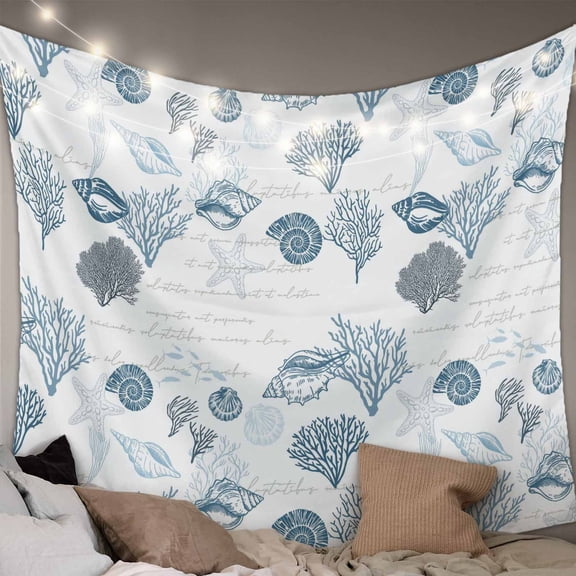 Coastal Blue Tapestry for Bedroom Wall Hanging Tapestry, Retro Ocean Coral Shell Starfish Seahorse Ceiling Backdrop Tapestries Poster Blanket Wall Decor for Teens Room Living Room Dorm 59" x 90"