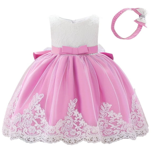 Zwiiyzr Toddler Girls Net Yarn Embroidery Rhinestone Bowknot Birthday Party Gown Long Dresses Headband Suit, Hot Pink, 12 Months