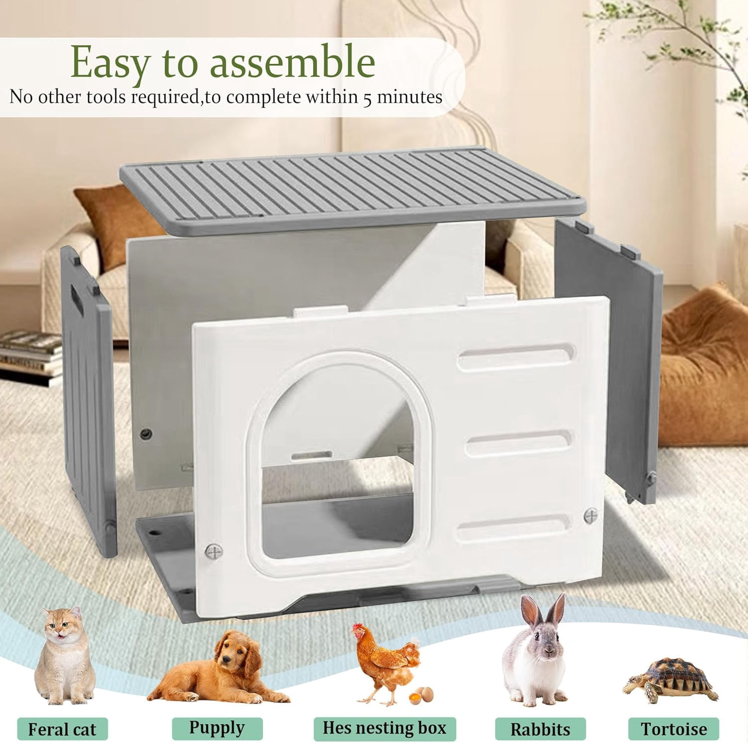 Waterproof Outdoor Cat House, Plastic Cat House for Outdoor Cats Feral Cat House, Sturdy Cat Bed for Small Pet, Spacious, Assemble Easily-Grey