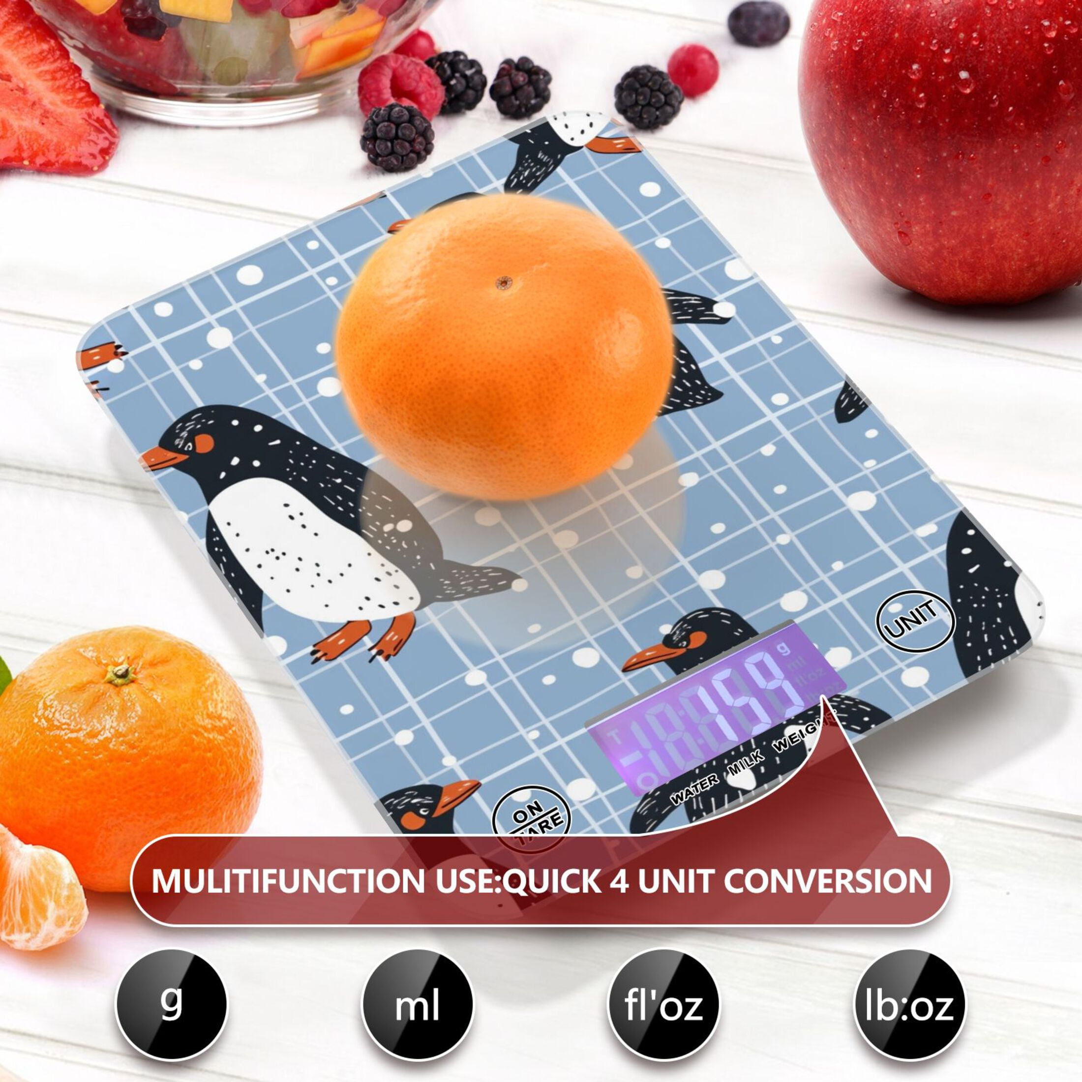 Penguins Grids Food Scale Digital Kitchen Scale Waterproof Tempered Glass Tare Function 11 lb for Baking Cooking Meal Prep