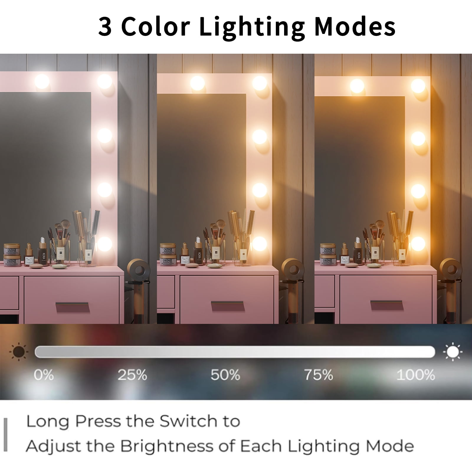 Yanosaku Lighted Vanity Desk with Mirror, Adjustable 3-Mode LED Lights, 5 Storage Drawers, Stool Included, White