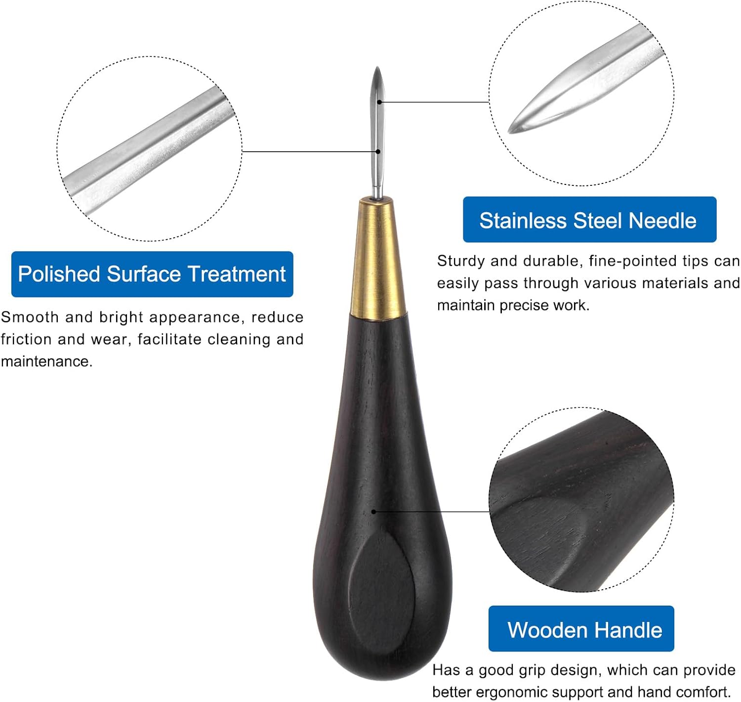 ABPETE Handwork Sewing Awl Set 3-5mm Rhombus Curved Taper Stitch Leather Punch Hole Kit Tool with Wooden Handle Scratch for Leather Craft Drilling Stitching Repair and DIY Handmade, Black