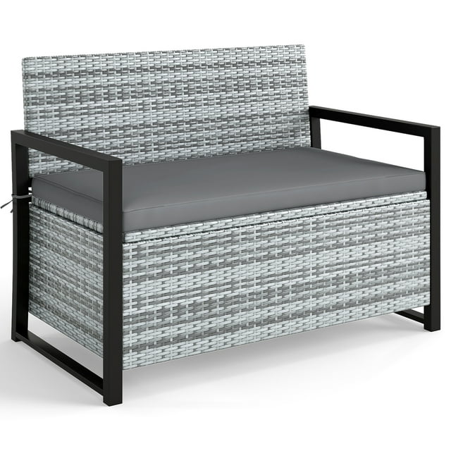 Gymax Banc de Rangement pour Patio en Osier Causeuse avec Rangement Intégré et Long Coussin de Siège Extérieur Gris