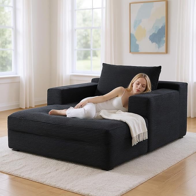 Chaise Lounge Chair Indoor – Oversized Corduroy Couch with Wide Armrest & Throw Pillows, Cozy Boneless Sleeper Sofa Bed Armchair
