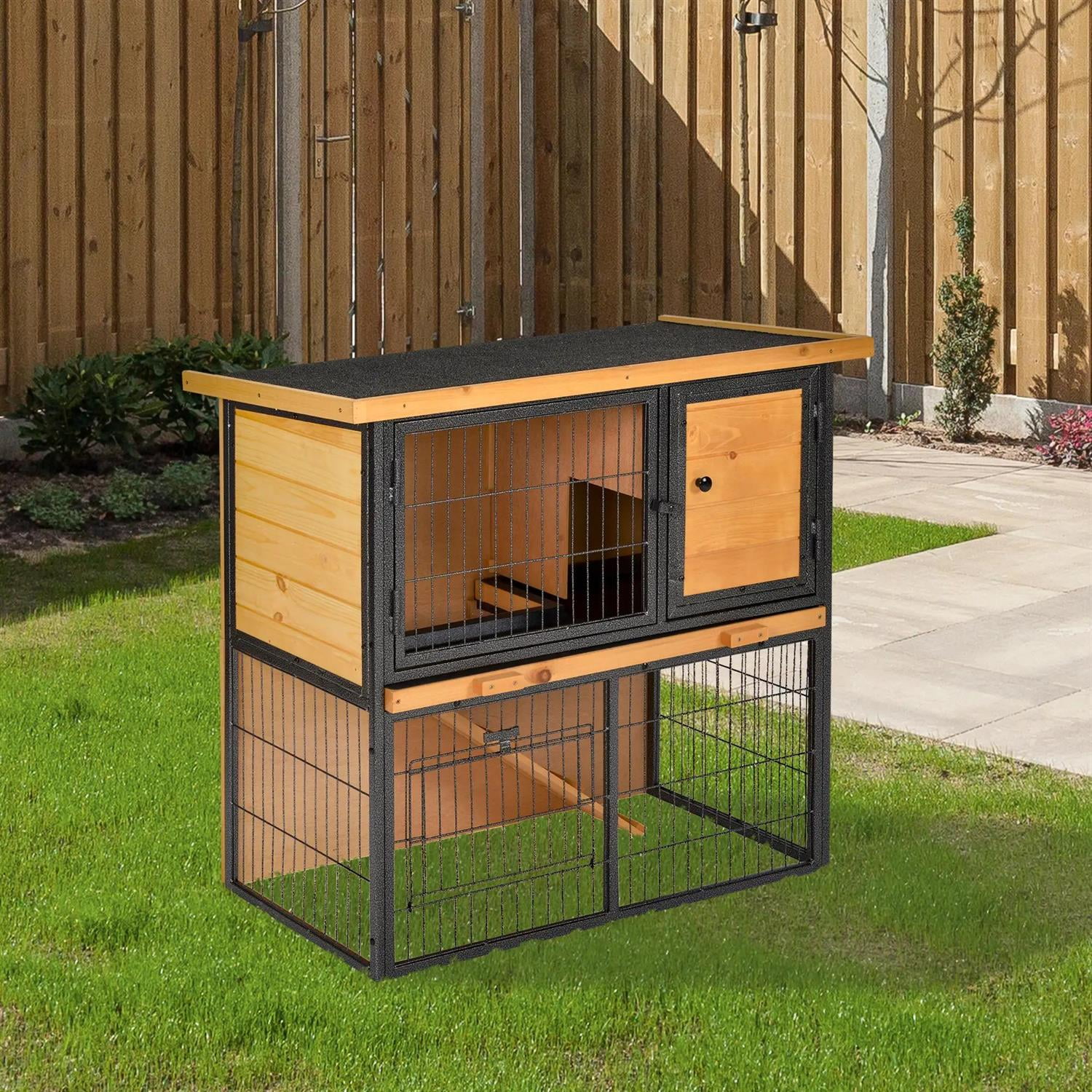 Pefilos 35" Metal Frame Wooden Rabbit Hutch with Asphalt Openable Roof, No Leak Tray, Outdoor Bunny Enclosure Guinea Pig Cage for Small Animals, Beige