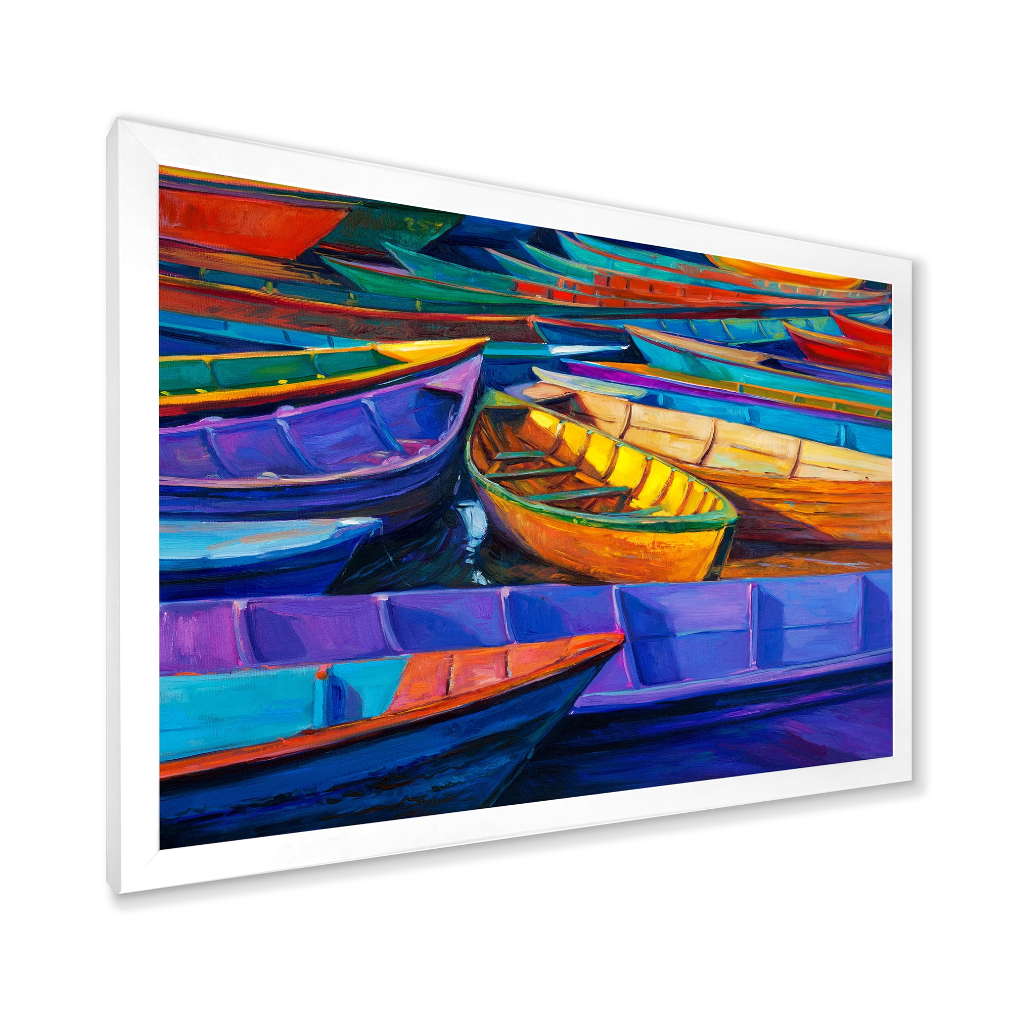 Boats During Warm Sunset Resting On The Water II 40 in x 30 in Framed Painting Canvas Art Print, by Designart