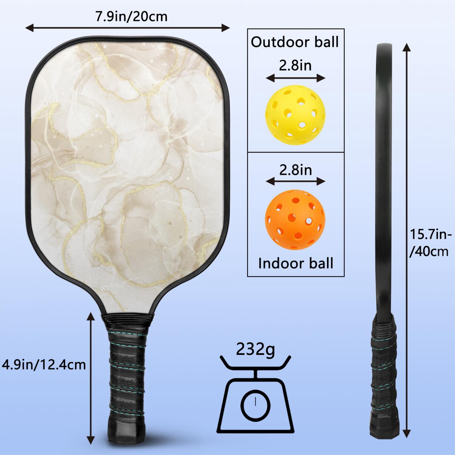 Pickleball Paddles Set Of 1, Fiberglass Surface, Turquoise Marble Pattern, 1 Paddle, 2 Balls & Bag
