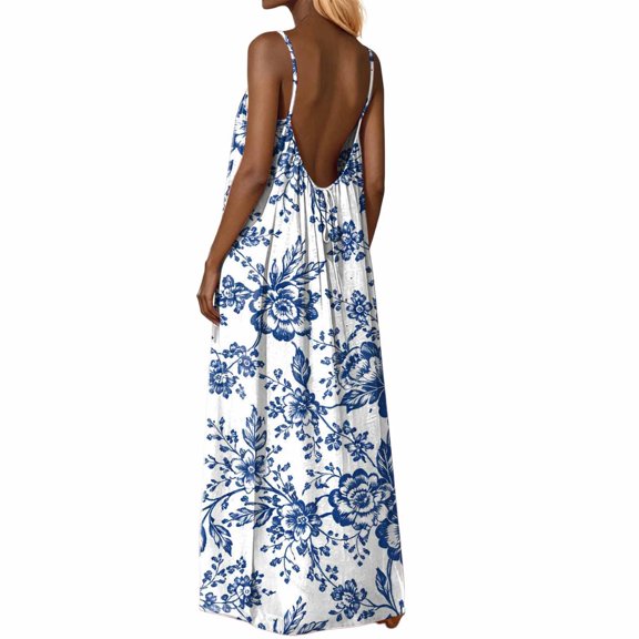 XIAOCHA Summer Floral Maxi Dress for Women Porcelain Print Thin Strap Back Tie Deep Open Back Vacation Gowns