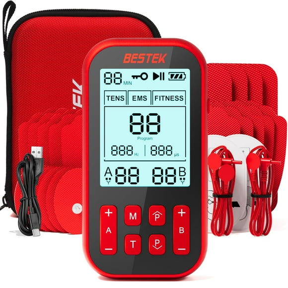 Estimulador muscular TENS 3 en 1 BESTEK, masajeador TENS recargable de doble canal con 60 programas para aliviar el dolor, 20 intensidades, 20 electrodos TENS y bolsa de almacenamiento antipolvo.