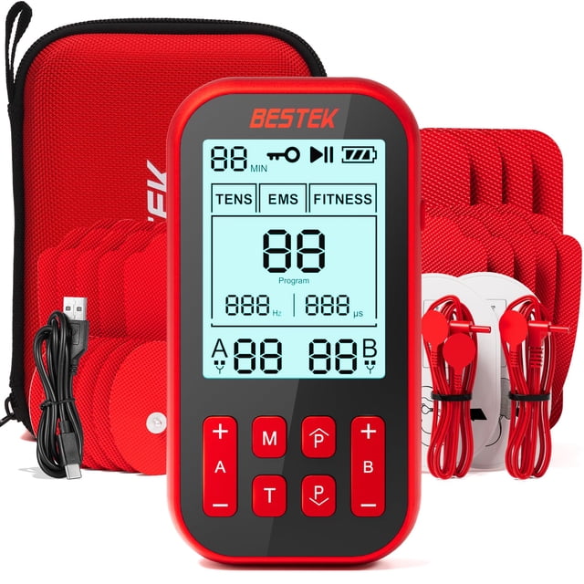 Estimulador muscular TENS 3 en 1 BESTEK, masajeador TENS recargable de doble canal con 60 programas para aliviar el dolor, 20 intensidades, 20 electrodos TENS y bolsa de almacenamiento antipolvo.