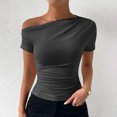 thumbnail image 6 of Women One Shoulder Ruched Short Sleeve T Shirt Summer Fashion Casual Solid Color Slim Fit Tee Top Streetwear, 6 of 6