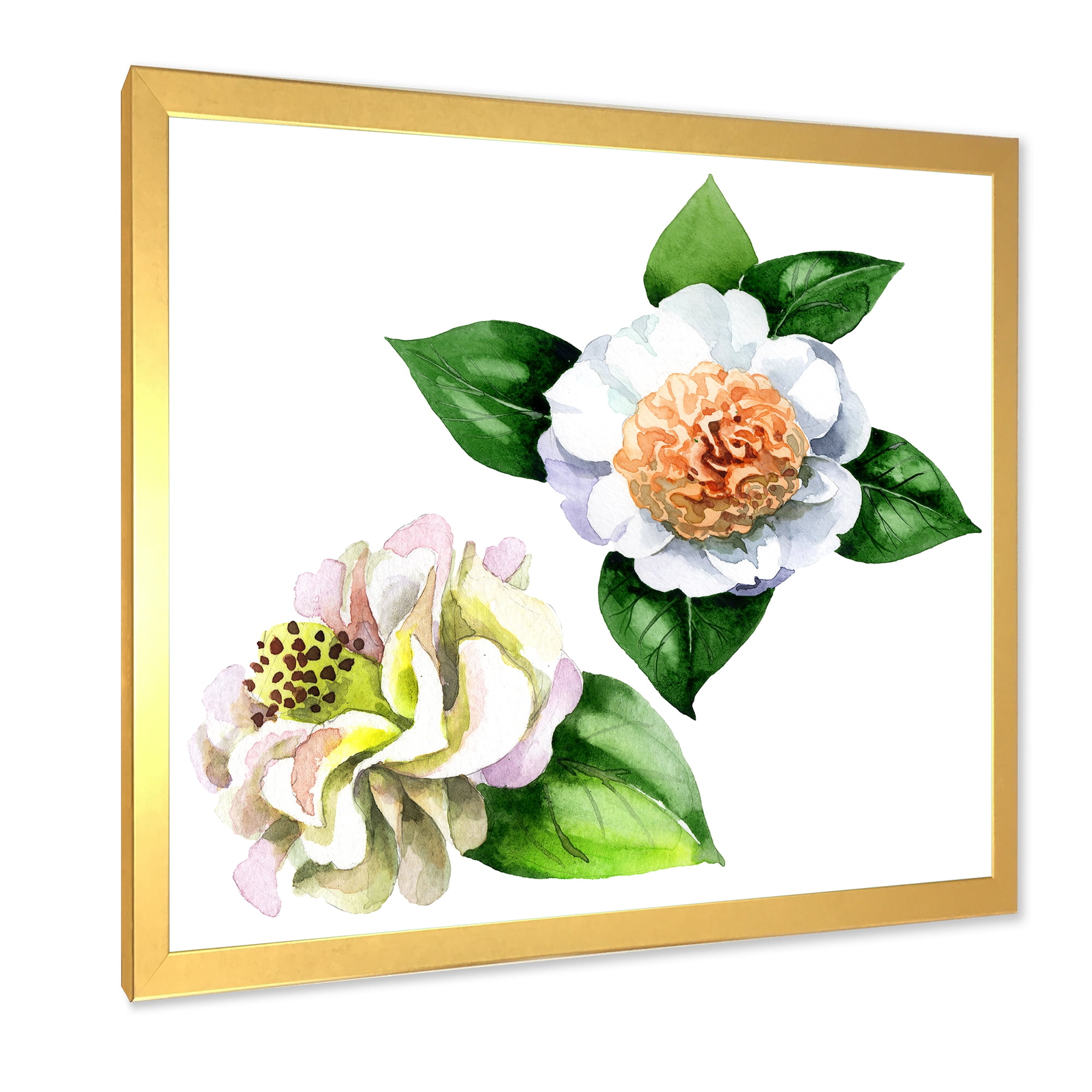 Designart 'Ancient White Camellia Flowers With Green Leaves' Traditional Framed Art Print