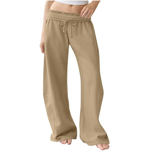 Women's Low Rise Y2K Wide Leg Sweatpants Cotton-Polyester Baggy Drawstring Joggers with Pockets for Fall Winter Daily Gym,Khaki,S