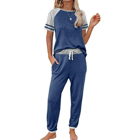 

Pkeoh Womens Pajama Sets Women S Patchwork Short Sleeve O-Neck Pullover Leisure Tops + Pants Set Cotton Nightgowns For Women Blue