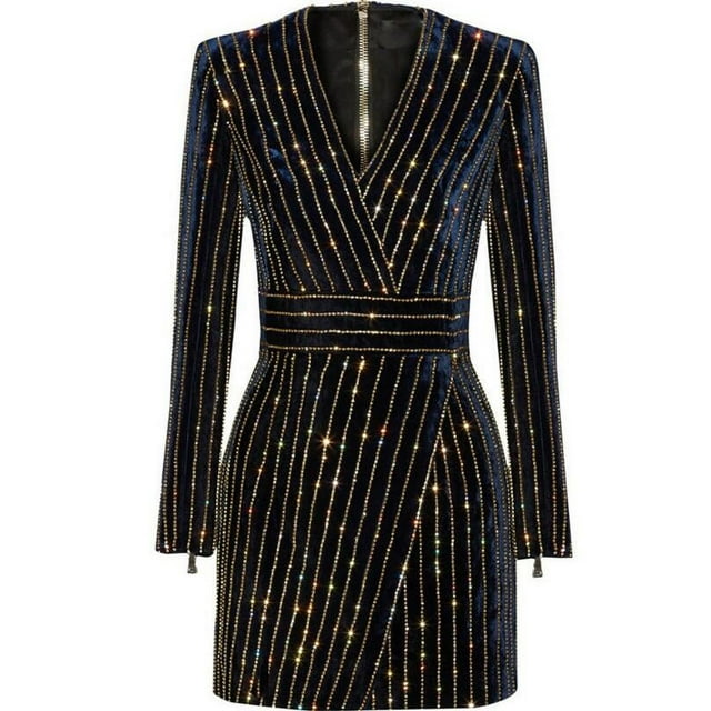 Robe à Manches Longues Bling Bling pour Femmes, Col en V, Manches Longues, Robe de Bureau Décontractée, Robe de Soirée - Robe Noire / L