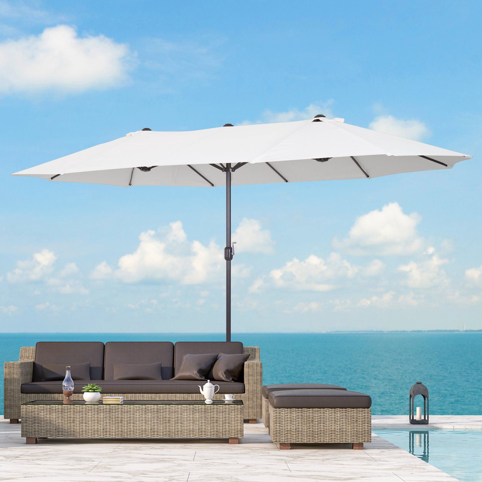 Outsunny 15ft Double-Sided Patio Umbrella, Extra Large Cream White Market Parasol with Crank Handle, UV Resistant Polyester & Steel Ribs for Backyard, Deck, Pool, and Garden