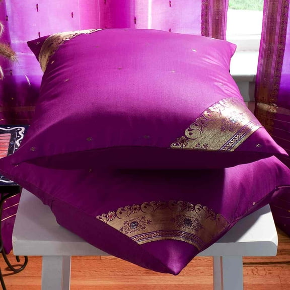 Violet red- 2 handcrafted Sari Cushion Cover, Throw Pillow Case 24" X 24"