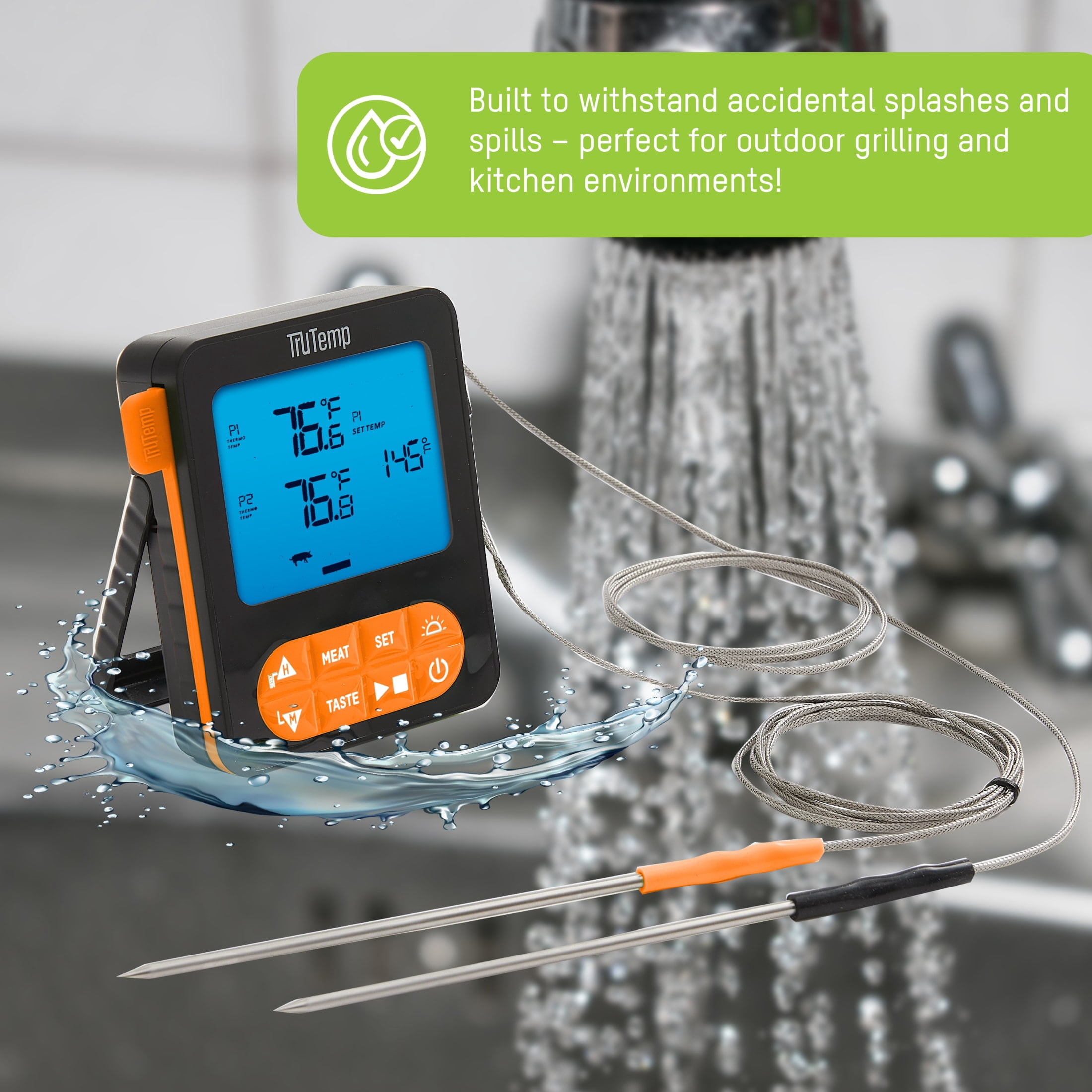 TruTemp Digital Dual Probe Programmable Meat Thermometer for Grilling, Smoking, & Cooking, Orange
