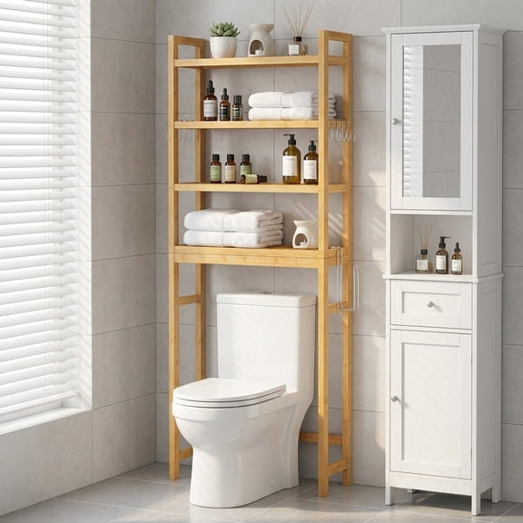 LEDREM 4-Tier over-the-Toilet Bathroom Storage Organizer with Adjustable Shelves, Hooks, and Toilet Paper Holder, Space-Saving Rack, Natural Beige