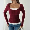 thumbnail image 5 of CIENVNSTG Women Lace Patchwork Ribbed Knit Tee Scoop Neck Casual Slim Fit Long Sleeve Crewneck Button Up Ruched Crop T-Shirts Wine S, 5 of 7